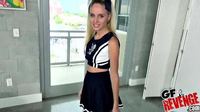 Naomi, the school girl, strips naked and shows off her big boobs and tight pussy