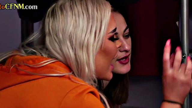 CFNM teasing sluts seduce naked guy in threesome before blowjob