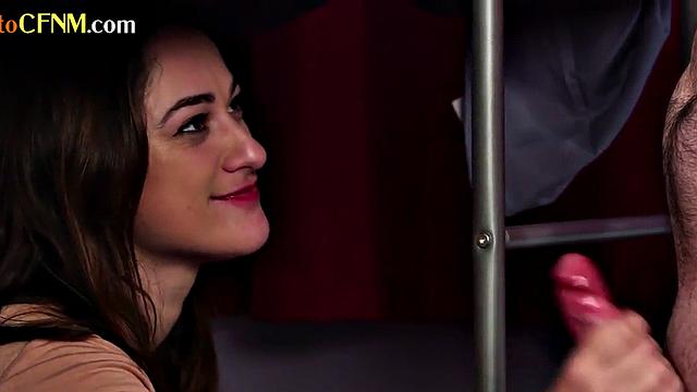 CFNM teasing sluts seduce naked guy in threesome before blowjob