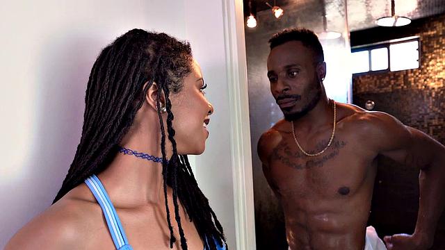 Watch this perky-breasted ebony babe get her tight ass drilled by a BBC in the kitchen