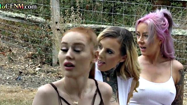 CFNM British babes deepthroating in outdoor public BJ