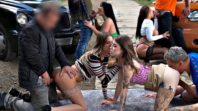Amateur taxi orgy sluts fucked outdoor in public for mouthjizz
