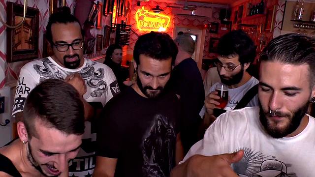 Kinky tattooed slut gets her feet licked and pussy fucked in public