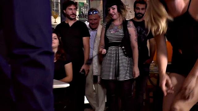 Kinky tattooed slut gets her feet licked and pussy fucked in public