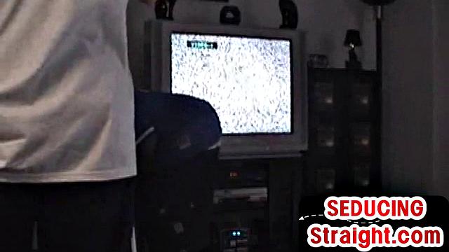 Skinny amateur sucked by gay while watching straight porn