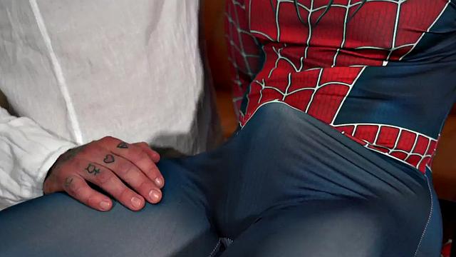 Oiled Ebony Spiderman barebacked by jock in anal