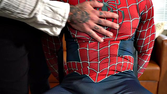 Oiled Ebony Spiderman barebacked by jock in anal