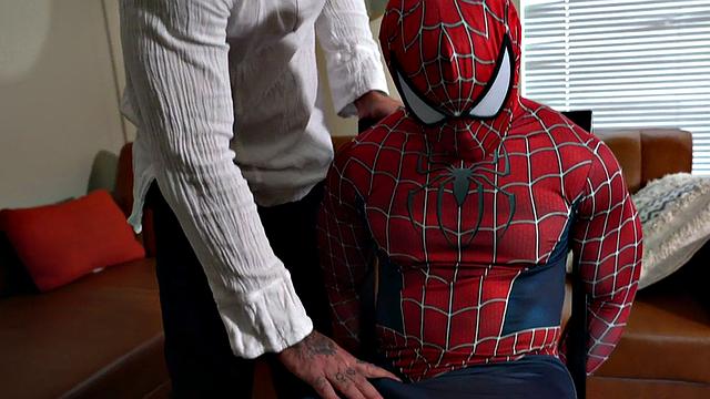 Oiled Ebony Spiderman barebacked by jock in anal