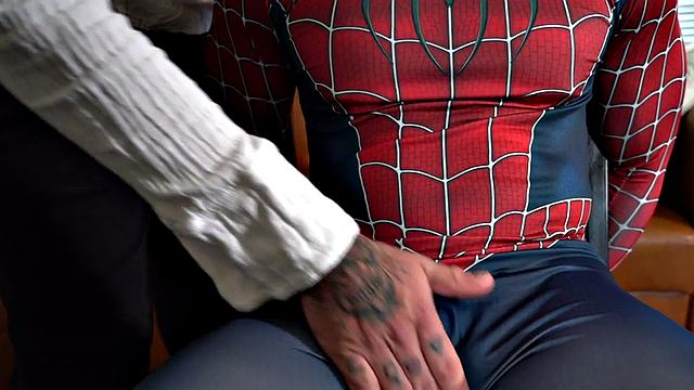 Oiled Ebony Spiderman barebacked by jock in anal