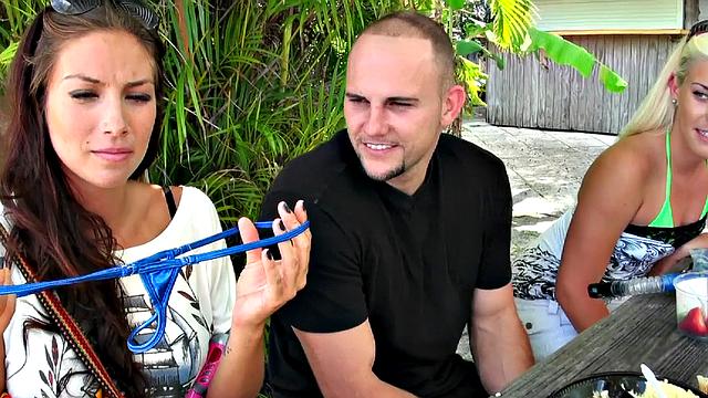 Wild tattooed babe enjoys outdoor threesome with kissing, anal & cowgirl action