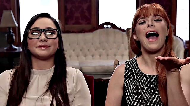 Ginger babe whipped in lingerie while bound in a hot threesome