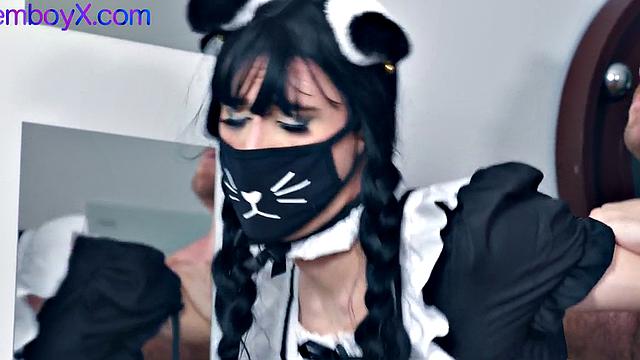 Masked maid femboy fucked in kitchen by dominant daddy