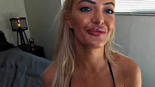 Big-tiddy blonde stepmom rides taboo cock after POV bj