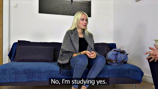 Blonde Russian cutie in panties enjoys a huge facial after giving in to work fantasies