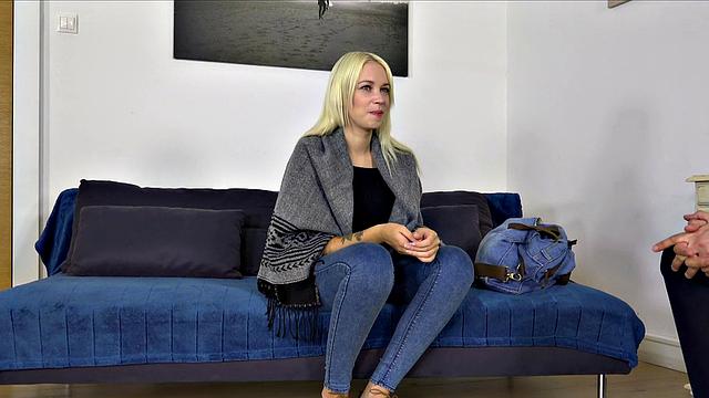 Blonde Russian cutie in panties enjoys a huge facial after giving in to work fantasies