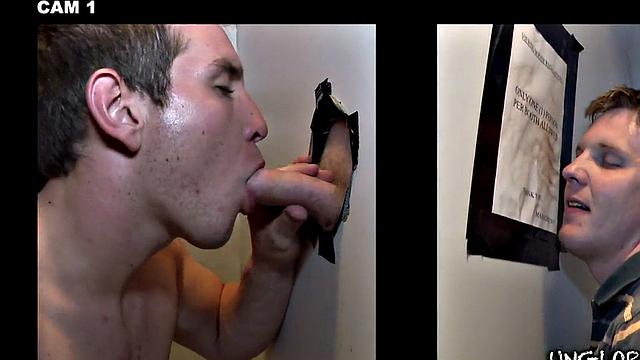 Fooled guy enjoys gloryhole gay bj before cumshot