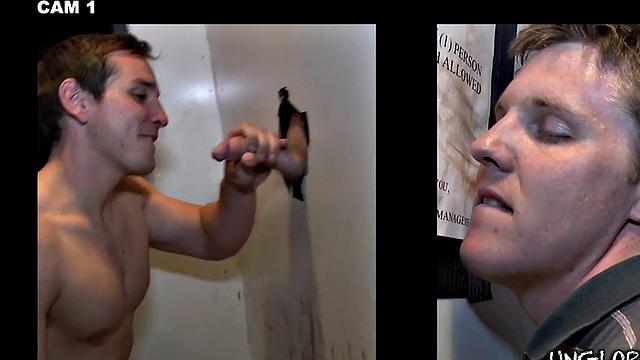 Fooled guy enjoys gloryhole gay bj before cumshot