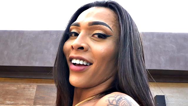 Trans beauty filled in anal hole by big male cock