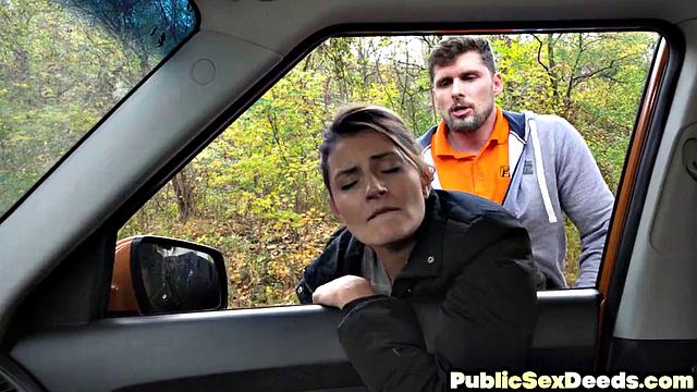 Horny stunning babe in car