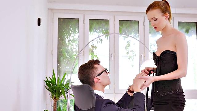 Redhead secretary fucked by dirty man in meeting room