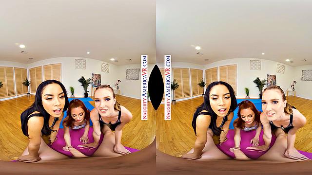 Stretching the boundaries of downward dog with hot yogis Ashley, Maya, and Lacy