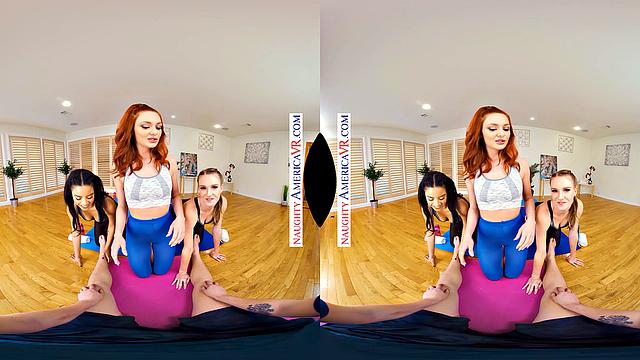 Stretching the boundaries of downward dog with hot yogis Ashley, Maya, and Lacy