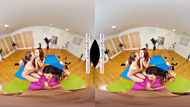 Stretching the boundaries of downward dog with hot yogis Ashley, Maya, and Lacy