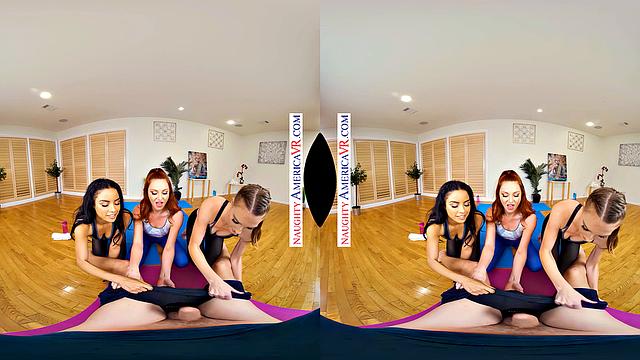 Stretching the boundaries of downward dog with hot yogis Ashley, Maya, and Lacy