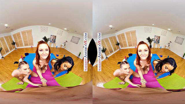 Stretching the boundaries of downward dog with hot yogis Ashley, Maya, and Lacy