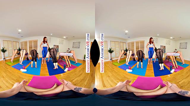 Stretching the boundaries of downward dog with hot yogis Ashley, Maya, and Lacy