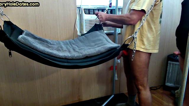 Real gloryhole DILF rimmed and fucked in sling by gay