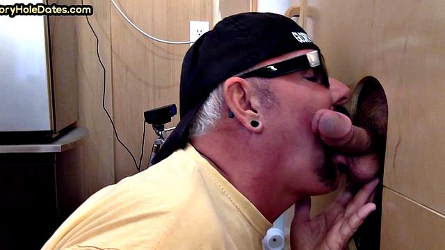 Real gloryhole DILF rimmed and fucked in sling by gay