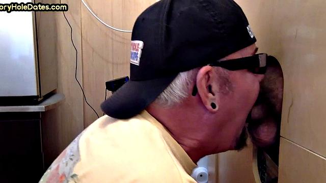 Real gloryhole DILF rimmed and fucked in sling by gay