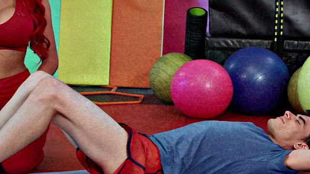 Busty ginger stepmom riding short guys cock in the gym