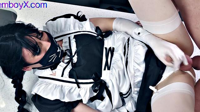 Femboy maid bareback fucked on kitchen by gaydaddy