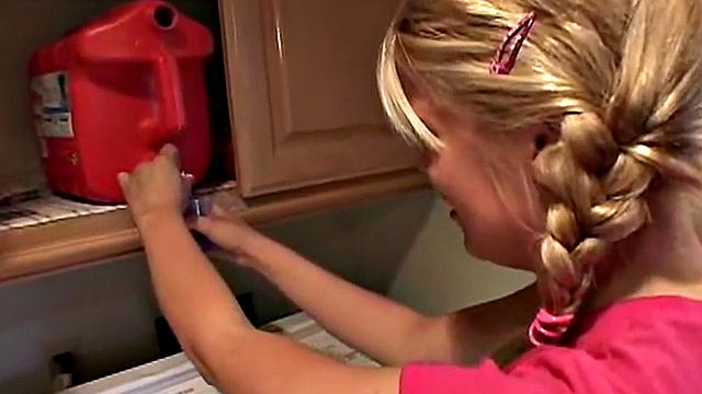 Blonde teen with small tits gets fingered in the laundry room while wearing a t-shirt and a pigtail