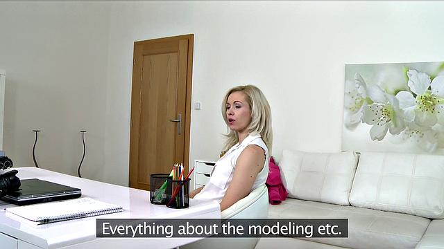 Naughty blonde MILF interviewed and fucked on the office couch