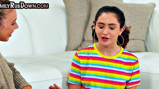 Stepsisters BF joins oiled massage in 3some with cock