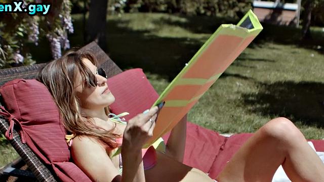 Manly stud with muscled body fucks twink outdoors by the pool