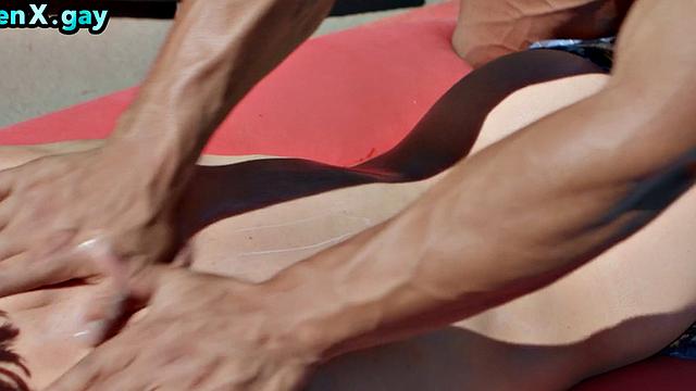 Manly stud with muscled body fucks twink outdoors by the pool