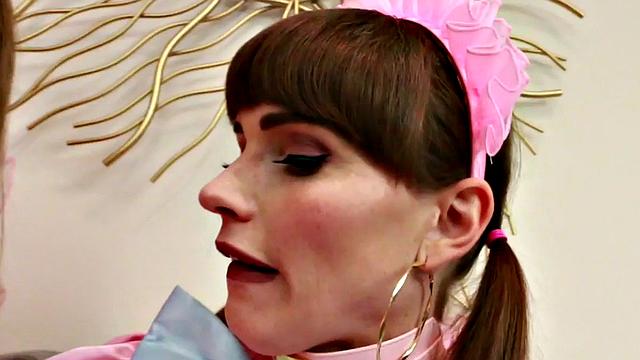 Trans ladies in dresses toy ass and suck dildo in duo