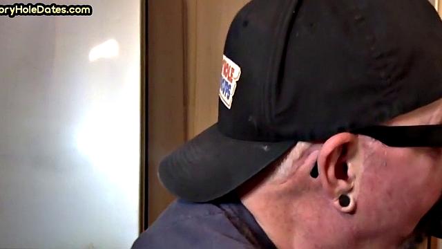 Mature gay man gets gloryhole action after sucking cock