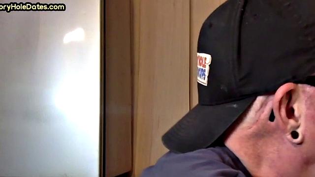 Mature gay man gets gloryhole action after sucking cock