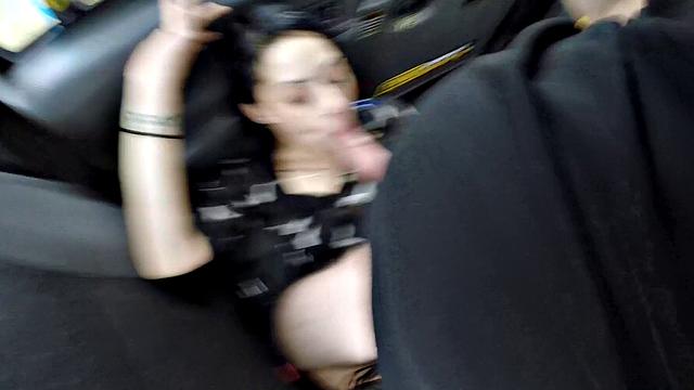 Petite brunette gets her tight ass drilled in backseat action