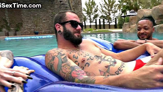 Bisexual tattooed babe in threesome fucked outdoor in IR sex