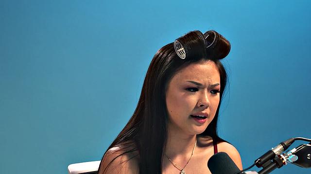 Asian babe in stockings toying her hairy pussy