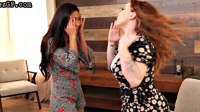 Lesbian Asian MILF muffdiving busty babe in 69