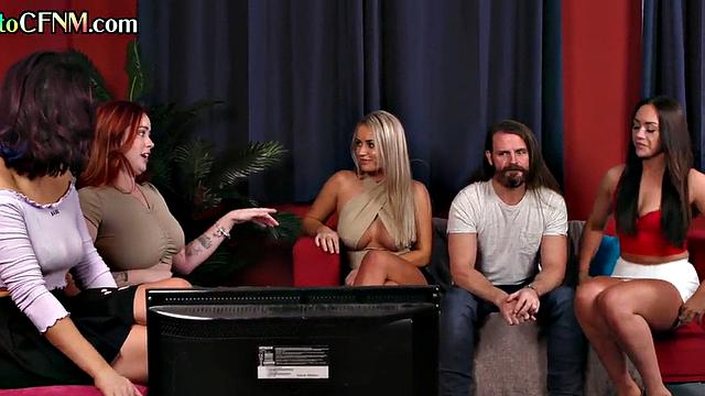 CFNM British babe sucks cock in group amateur BJ