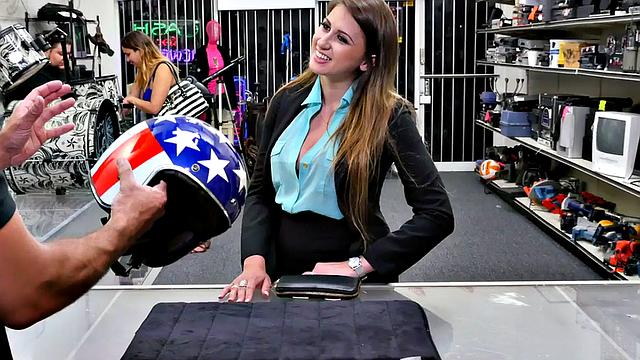 Busty pawnshop amateur sucking dick before cockriding