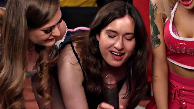 CFNM IR ladies suck black cock in group BJ and HJ action